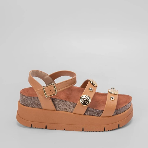 Sandália Flatform Moleca Aplicação Esferas Caramelo