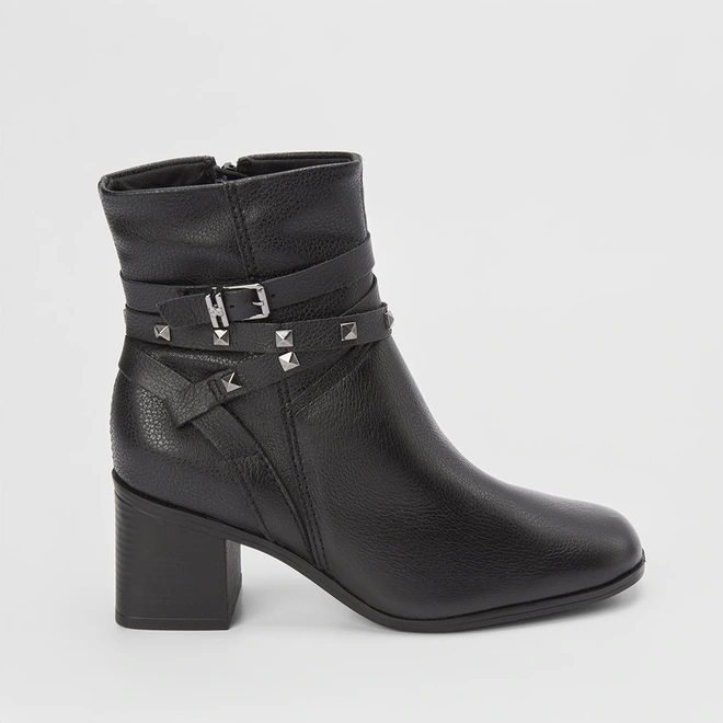 Ankle Boot Bottero Couro Salto Médio Fivela & Tachas Preto