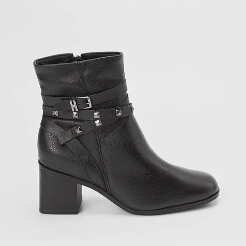 Ankle Boot Bottero Couro Salto Médio Fivela & Tachas Preto