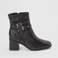 Ankle Boot Bottero Couro Salto Médio Fivela & Tachas Preto