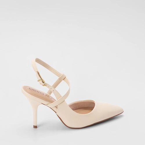 Scarpin Slingback Beira Rio Salto Fino Fivelas Bege