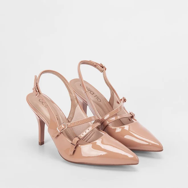 Scarpin Slingback Beira Rio Salto Fino Fivelas Verniz Nude