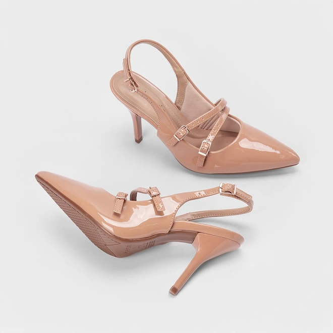 Scarpin Slingback Beira Rio Salto Fino Fivelas Verniz Nude