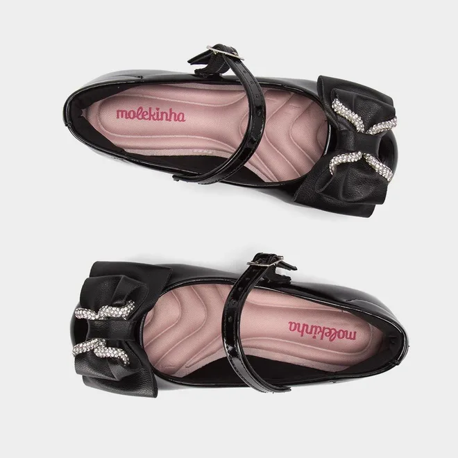 Sapatilha Boneca Infantil Molekinha Laço Strass Verniz Preto