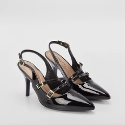 Scarpin Slingback Beira Rio Salto Fino Fivelas Verniz Preto