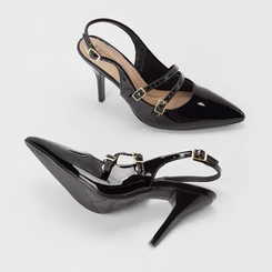 Scarpin Slingback Beira Rio Salto Fino Fivelas Verniz Preto