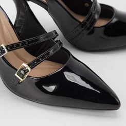 Scarpin Slingback Beira Rio Salto Fino Fivelas Verniz Preto