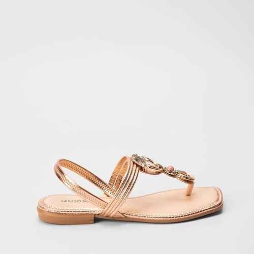 Sandália Rasteira Tira em T Enfeite Rose Gold