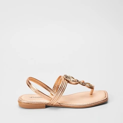 Sandália Rasteira Tira em T Enfeite Rose Gold
