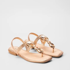 Sandália Rasteira Tira em T Enfeite Rose Gold