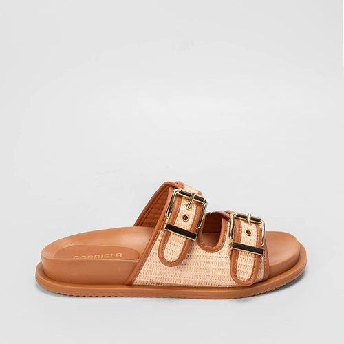 Rasteira Papete Gabriela Ráfia Detalhe Fívela Caramelo