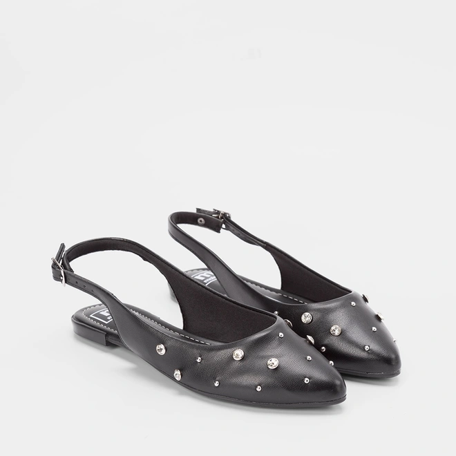 Sapatilha Slingback Moleca Rebite & Strass Preto