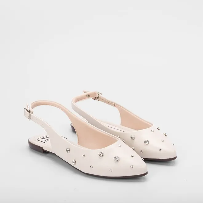 Sapatilha Slingback Moleca Rebite & Strass Off White