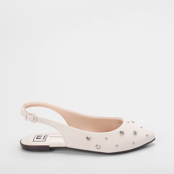 Sapatilha Slingback Moleca Rebite & Strass Off White