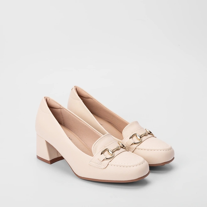 Mocassim Modare Ultraconforto Salto Geométrico Fivela Texturizado Off White