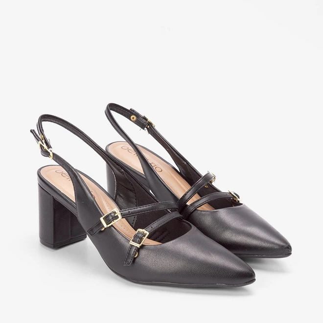 Scarpin Slingback Beira Rio Salto Bloco Fivelas Preto
