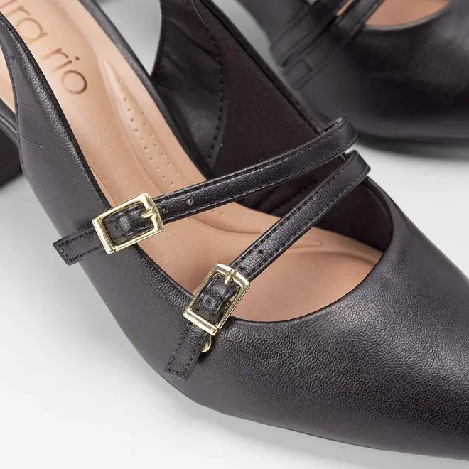 Scarpin Slingback Beira Rio Salto Bloco Fivelas Preto