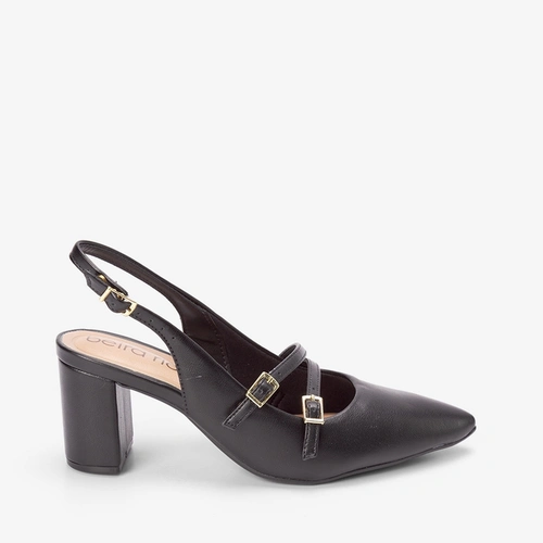 Scarpin Slingback Beira Rio Salto Bloco Fivelas Preto