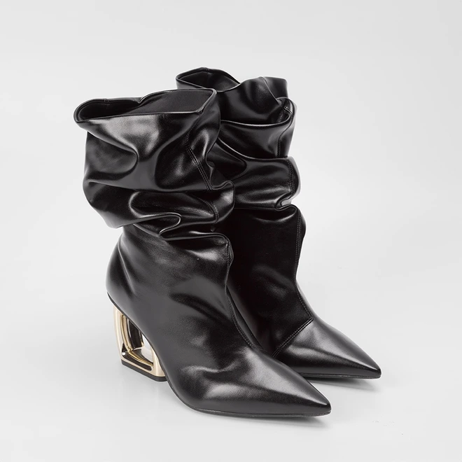 Bota Slouchy Feminina Gabriela Drapeado Cano Médio Salto Estilizado Preto