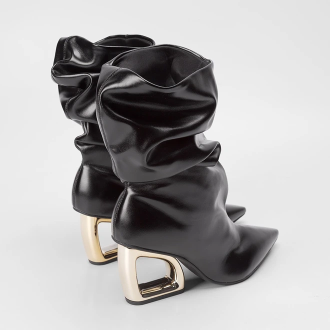 Bota Slouchy Feminina Gabriela Drapeado Cano Médio Salto Estilizado Preto