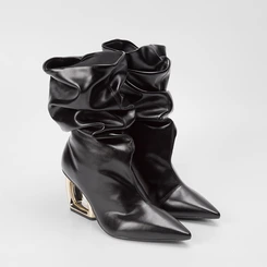 Bota Slouchy Feminina Gabriela Drapeado Cano Médio Salto Estilizado Preto