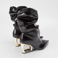 Bota Slouchy Feminina Gabriela Drapeado Cano Médio Salto Estilizado Preto
