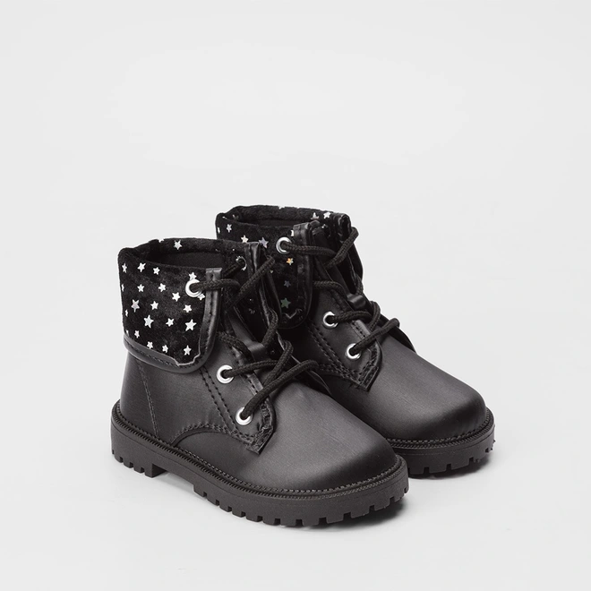 Bota Coturno Bebê Molekinha Dobrável Detalhe Estrela Peluciada Preto