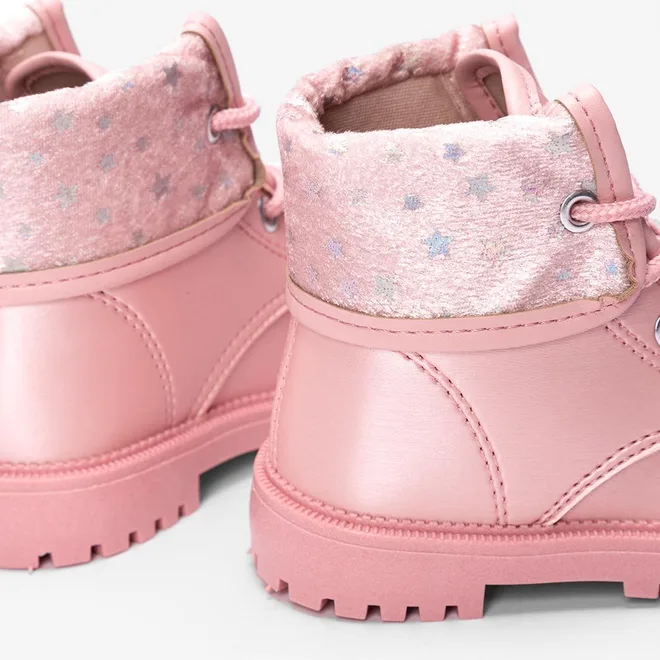 Bota Coturno Bebê Molekinha Dobrável Detalhe Estrela Peluciada Rosa