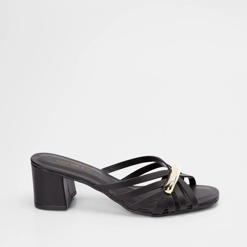 Tamanco Penélope Salto Médio Bloco Decote Vazado Enfeite Preto