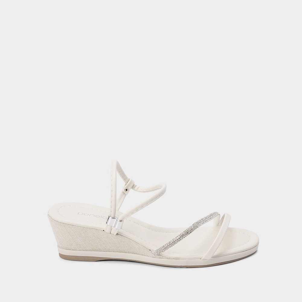 Sandália Penélope Salto Médio Anabela Detalhe Tira Strass Off White