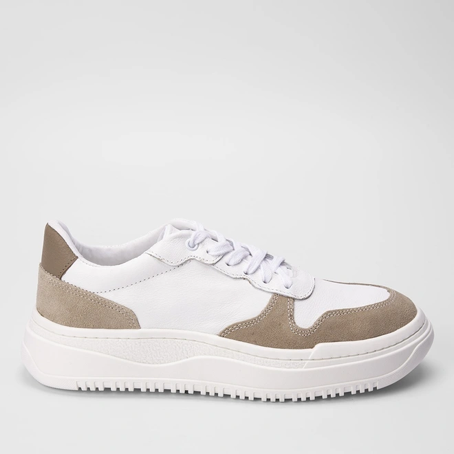 Tênis Masculino Mac & Jac Recortes Couro Bege & Branco