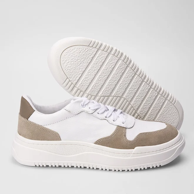 Tênis Masculino Mac & Jac Recortes Couro Bege & Branco
