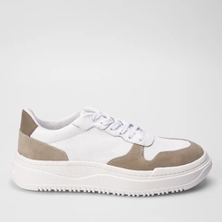 Tênis Masculino Mac & Jac Recortes Couro Bege & Branco