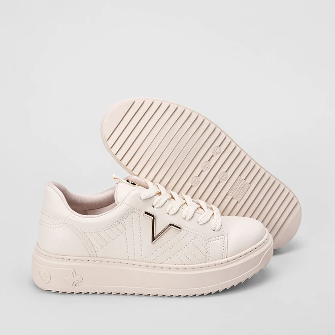 Tênis Via Marte Flatform Aplicação Logo Pesponto Bege