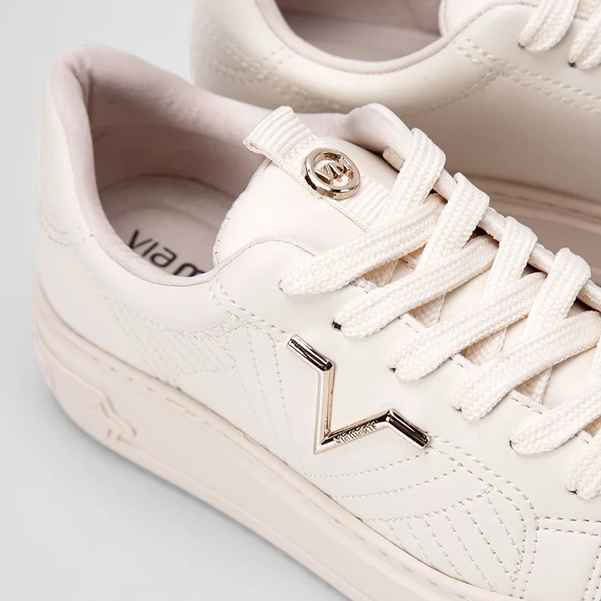 Tênis Via Marte Flatform Aplicação Logo Pesponto Bege