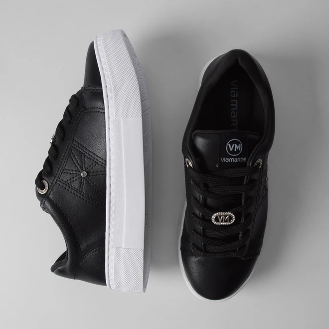 Tênis Casual Feminino Via Marte Detalhes Strass Preto & Branco