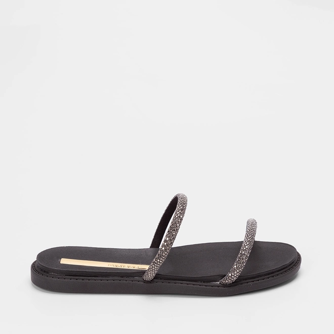 Rasteira Moleca Tiras Slim Strass Preto