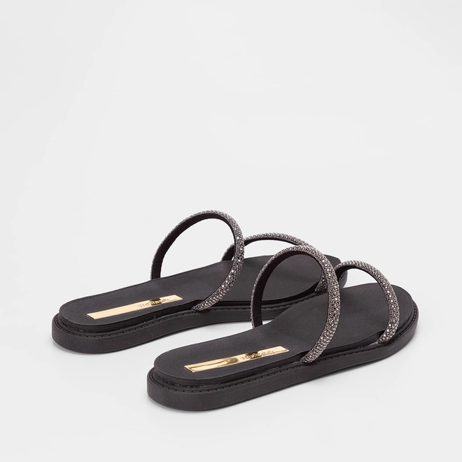 Rasteira Moleca Tiras Slim Strass Preto