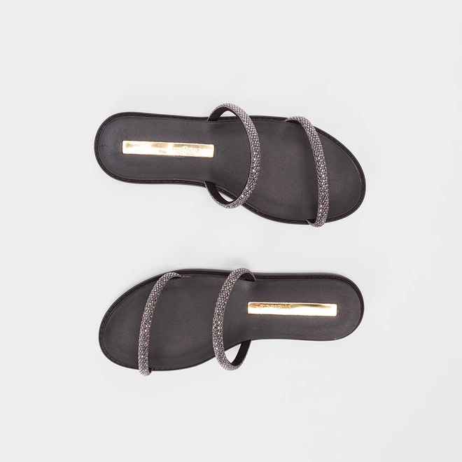 Rasteira Moleca Tiras Slim Strass Preto
