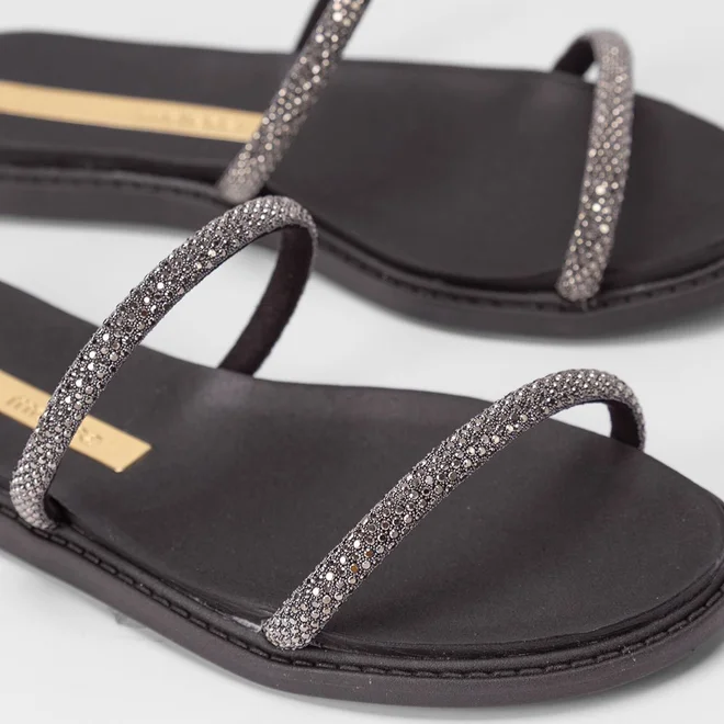 Rasteira Moleca Tiras Slim Strass Preto