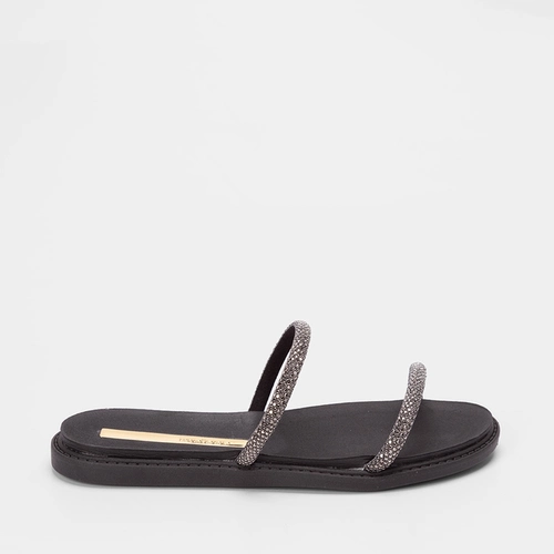 Rasteira Moleca Tiras Slim Strass Preto