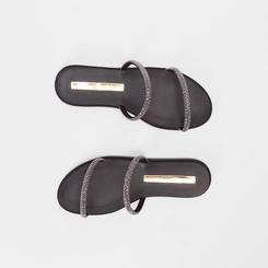 Rasteira Moleca Tiras Slim Strass Preto