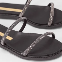 Rasteira Moleca Tiras Slim Strass Preto