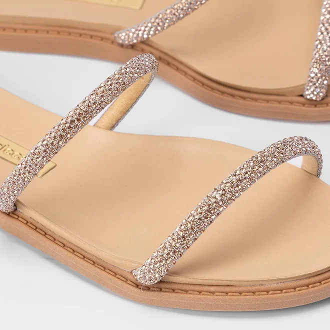 Rasteira Moleca Tiras Slim Strass Bege