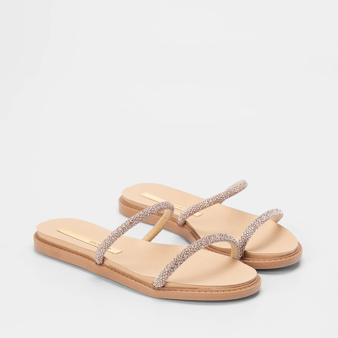 Rasteira Moleca Tiras Slim Strass Bege