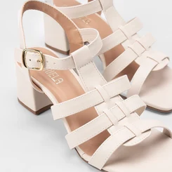 Sandália Feminina Gabriela Salto Bloco Tiras Aranha Off White