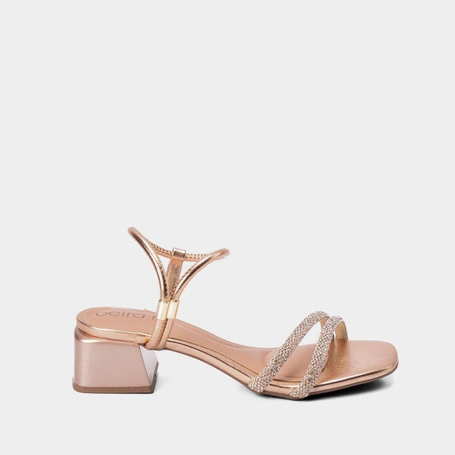 Sandália Beira Rio Strass Metalizado Salto Bloco Rose