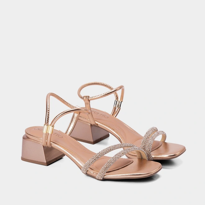 Sandália Beira Rio Strass Metalizado Salto Bloco Rose
