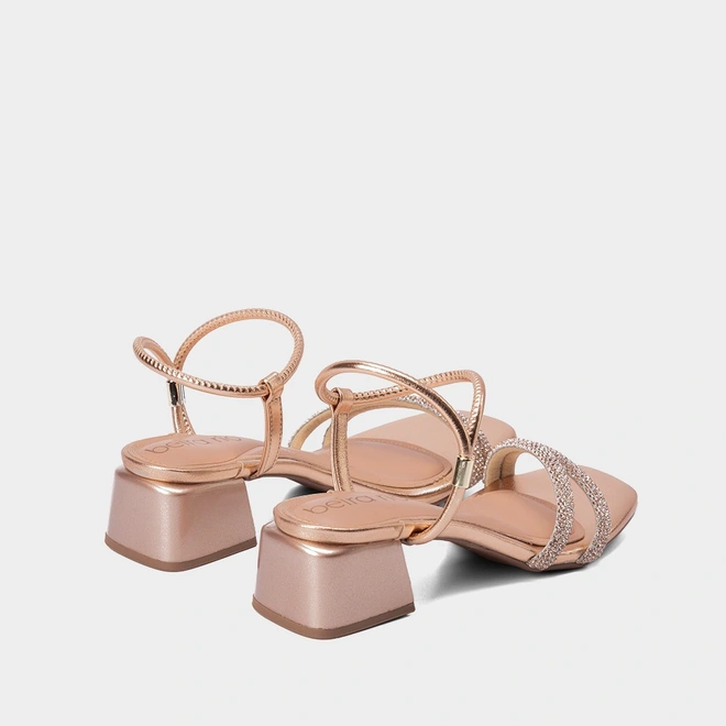 Sandália Beira Rio Strass Metalizado Salto Bloco Rose