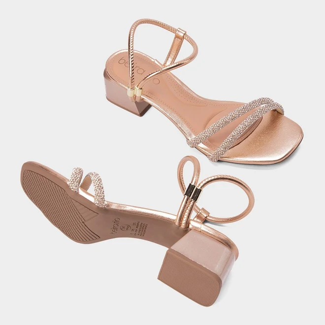 Sandália Beira Rio Strass Metalizado Salto Bloco Rose